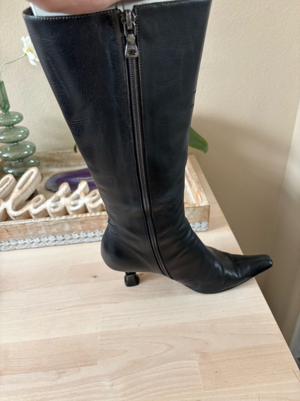 Prada Black Seta Calf Leather Knee High Boots Kitten Heel EU 36 US 6 Pointed Toe - Picture 6 of 16
